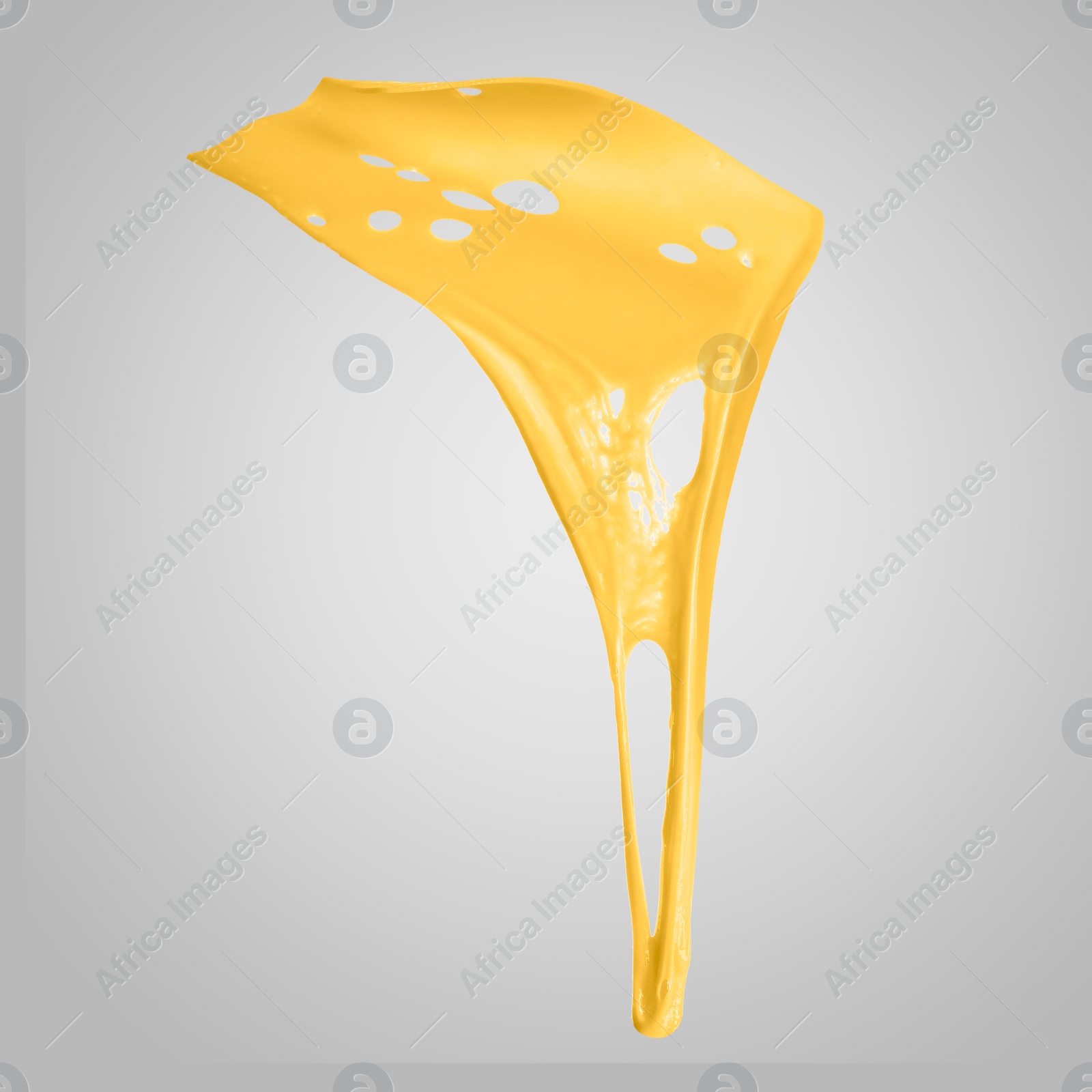Image of Tasty cheese stretching in air on grey background