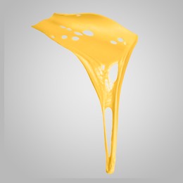 Tasty cheese stretching in air on grey background