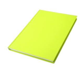 Photo of Stylish yellow notebook isolated on white. Office stationery