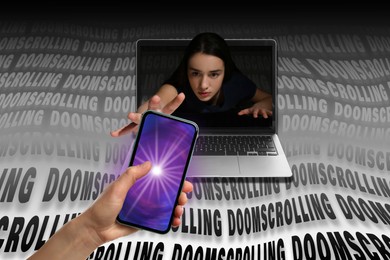 Doomscrolling concept. Woman sticking out of laptop screen reaching for mobile phone in girl's hand