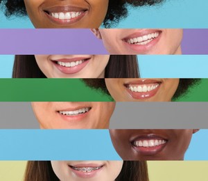 Different people smiling, collage of closeup photos