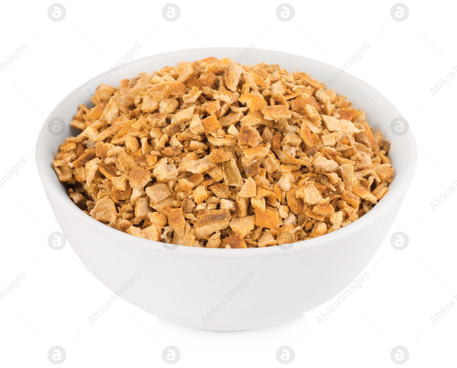 Photo of Bowl of dried orange zest seasoning isolated on white