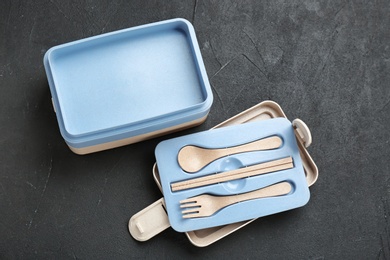 Empty lunch box on table, top view