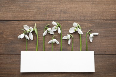 Photo of Beautiful snowdrops and paper card on wooden table, flat lay. Space for text