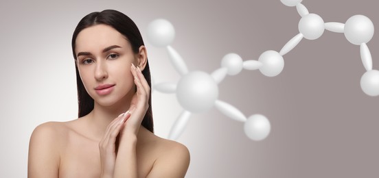 Image of Beautiful woman with perfect healthy skin and molecular model on grey background, banner design. Innovative cosmetology