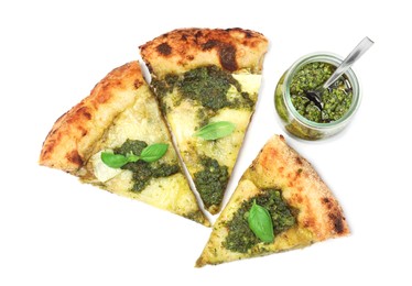 Photo of Slices of delicious pizza with pesto, cheese and basil near sauce on white background, top view