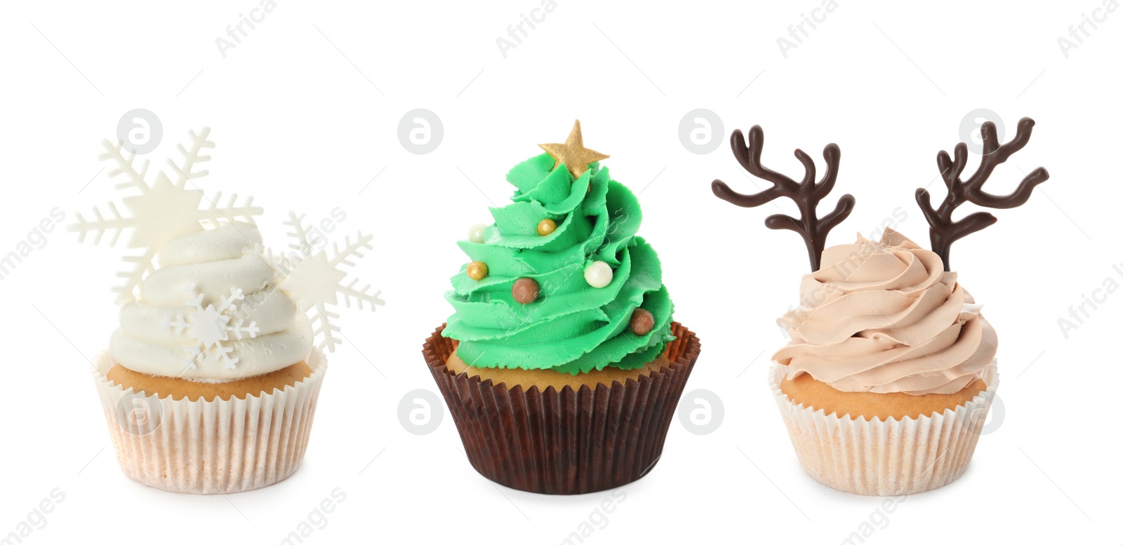 Image of Tasty cupcakes with Christmas decor on white background, collage. Banner design