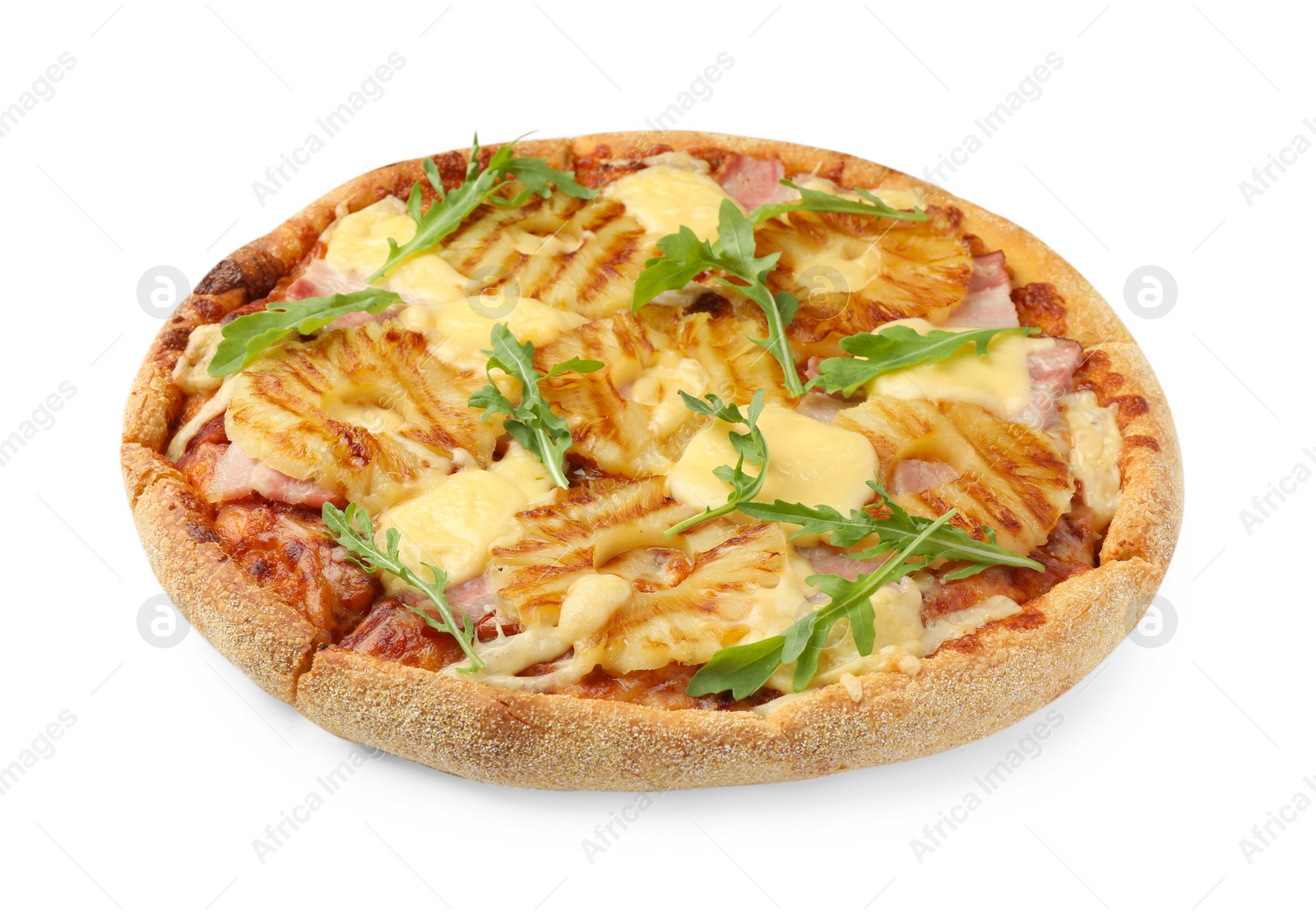Photo of Delicious pineapple pizza with arugula isolated on white