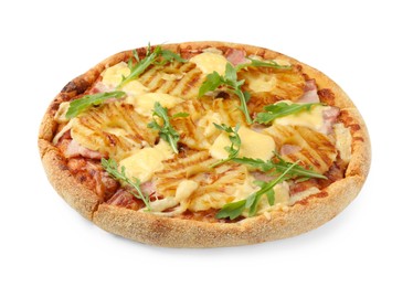 Delicious pineapple pizza with arugula isolated on white