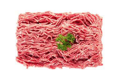 Photo of Minced meat with parsley on white background, top view