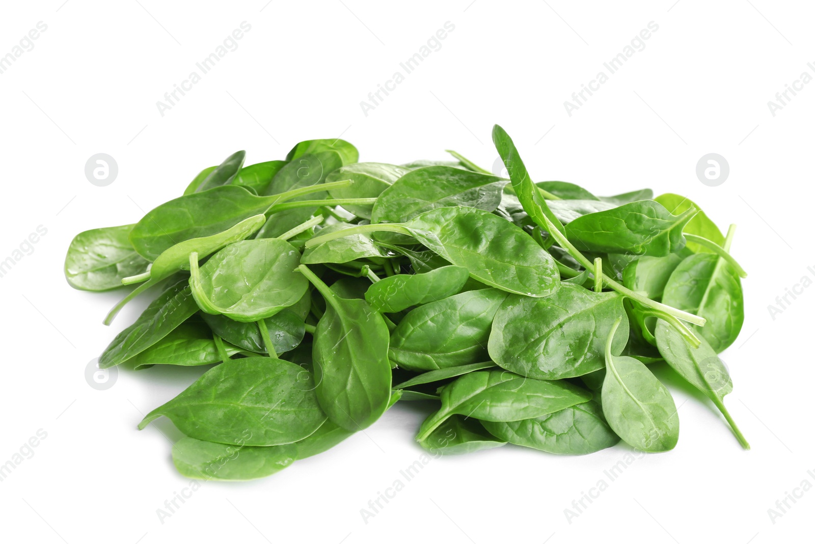 Photo of Pile of fresh green healthy baby spinach leaves on white background