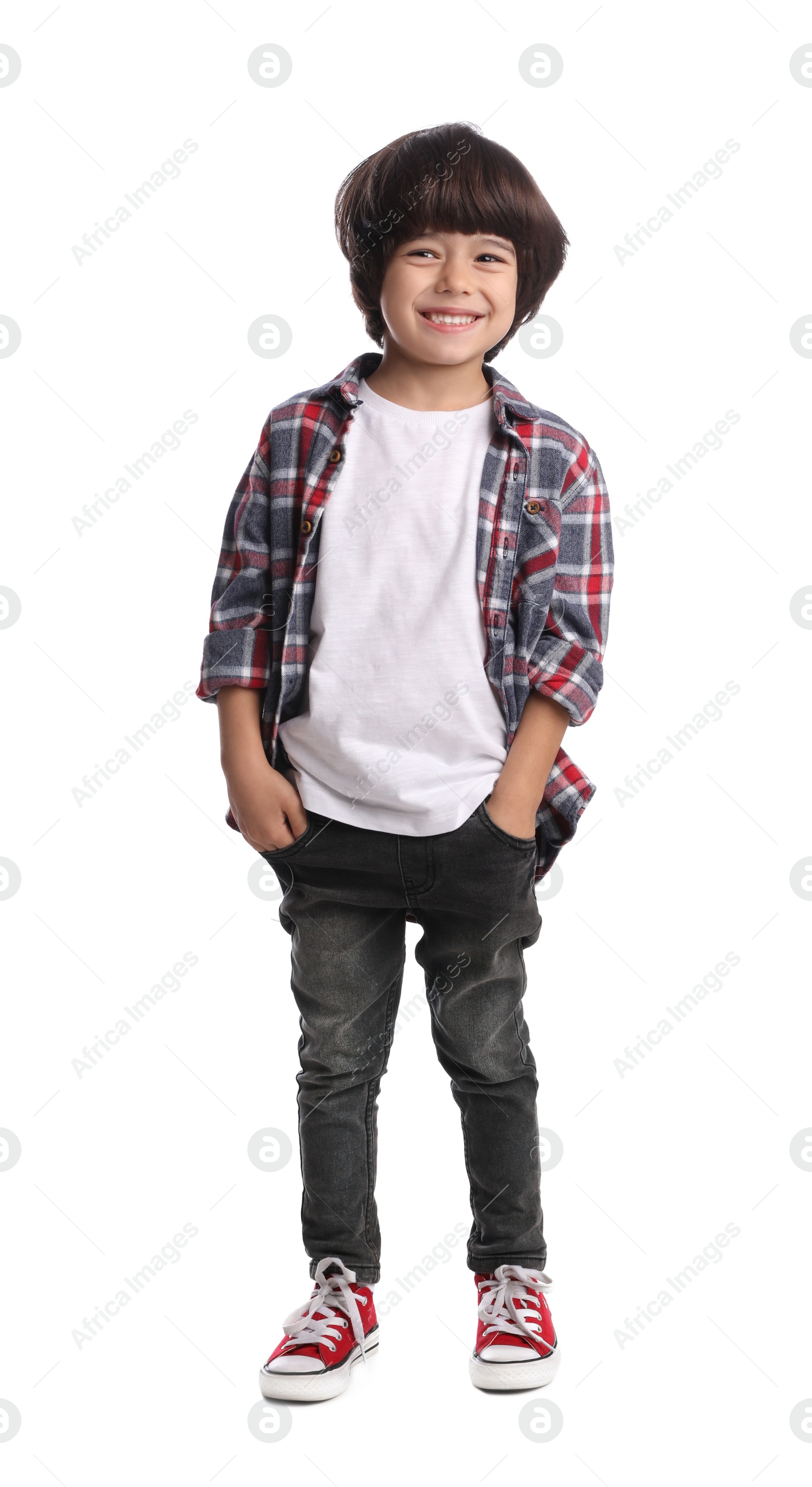 Photo of Full length portrait of cute little boy on white background