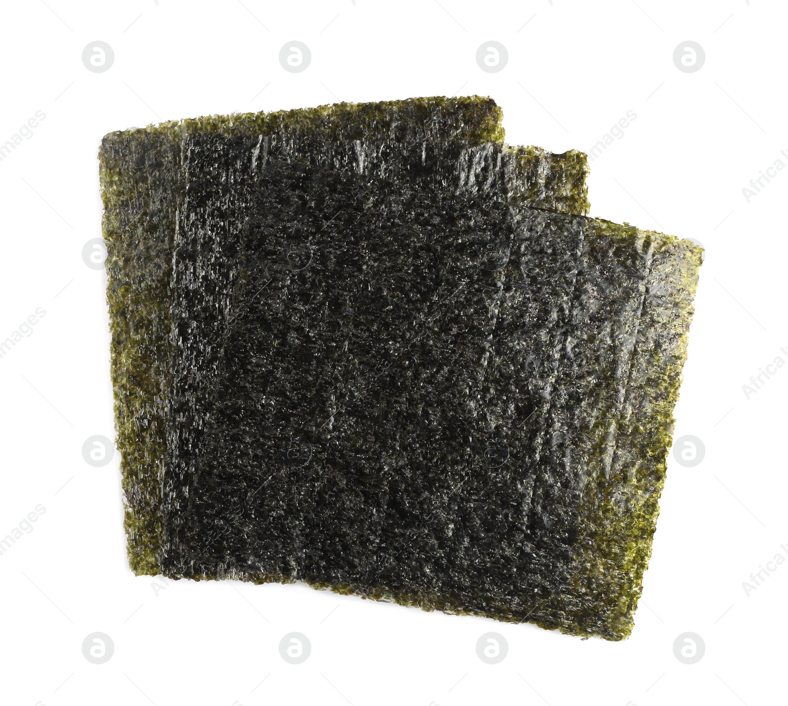 Photo of Dry nori sheets on white background, top view