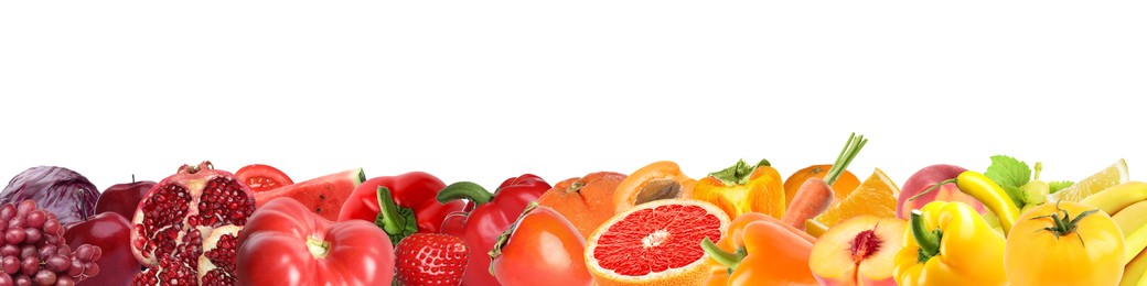Image of Many fresh fruits and vegetables on white background, banner design