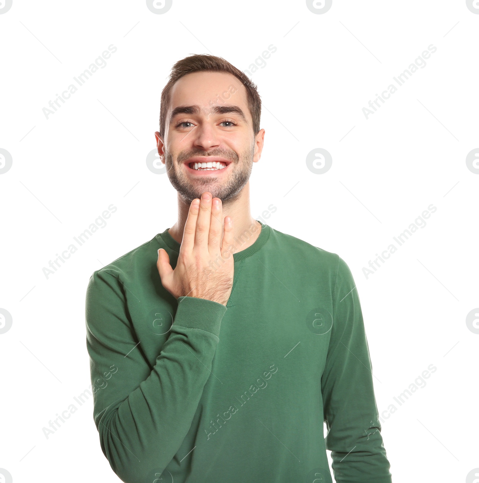 Photo of Man showing THANK YOU gesture in sign language on white background