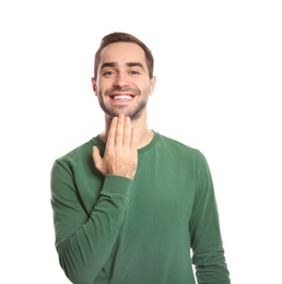 Man showing THANK YOU gesture in sign language on white background