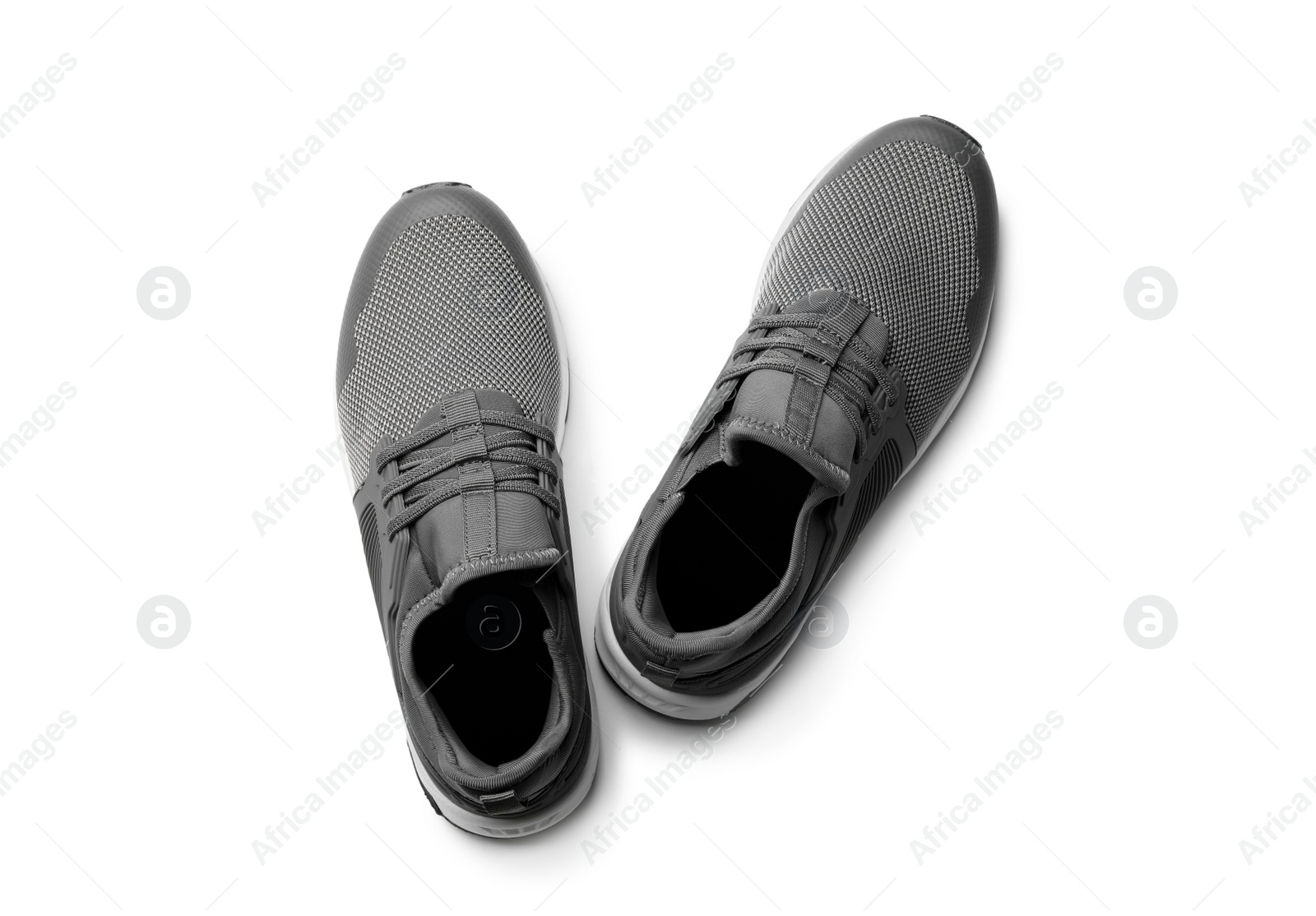 Photo of Pair of stylish shoes on white background, top view