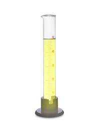 Graduated cylinder with yellow liquid isolated on white