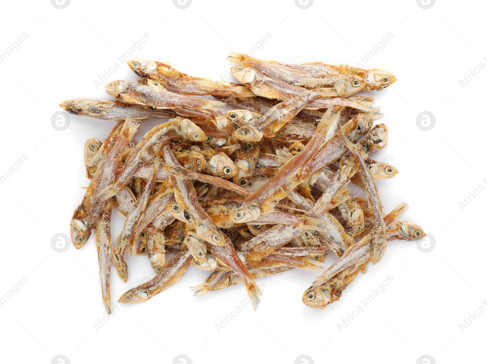 Photo of Delicious dried salted anchovies on white background, top view