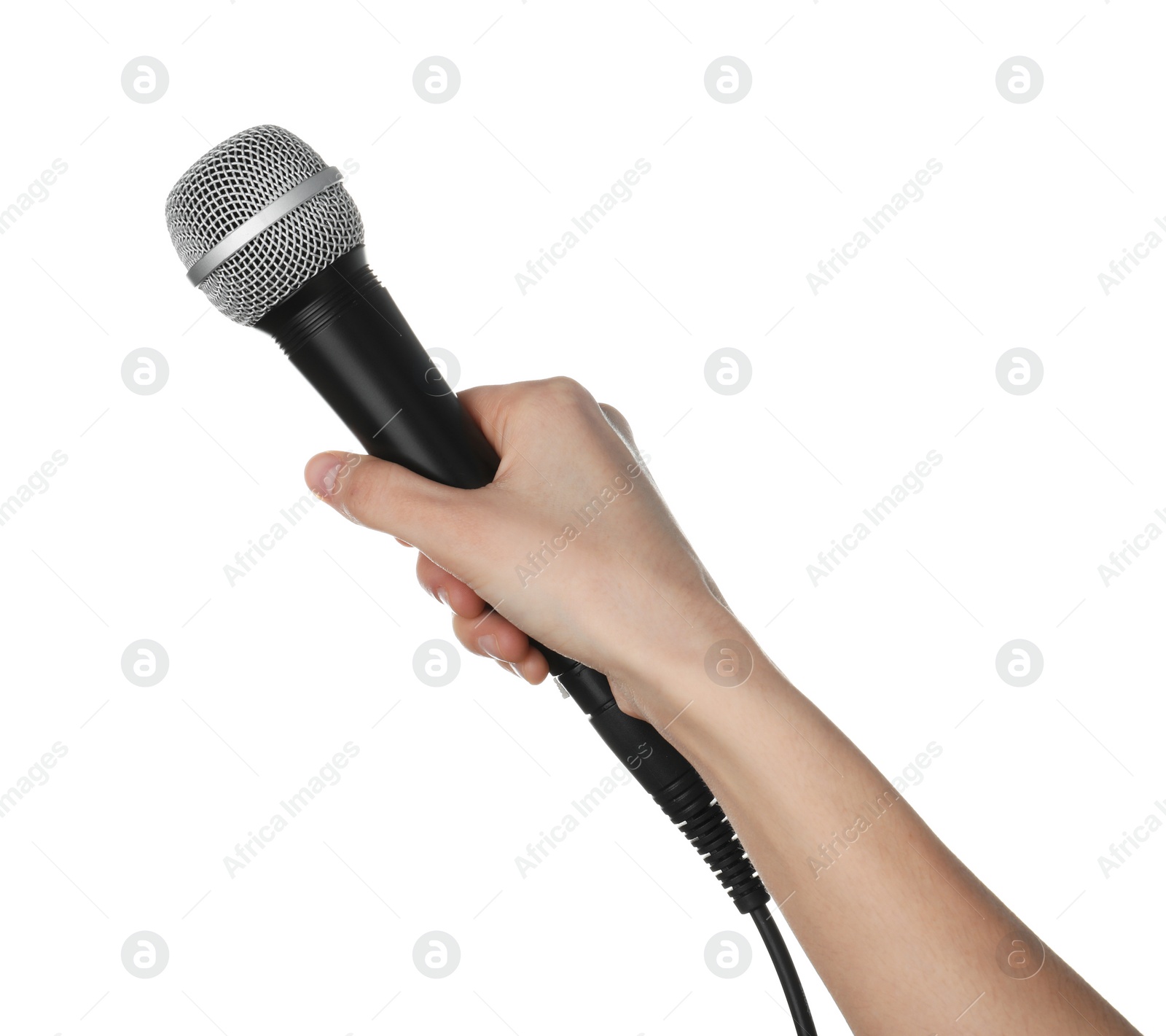 Photo of Woman holding dynamic microphone on white background, closeup