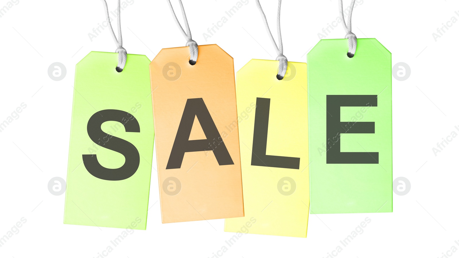 Image of Cardboard tags with word SALE on white background