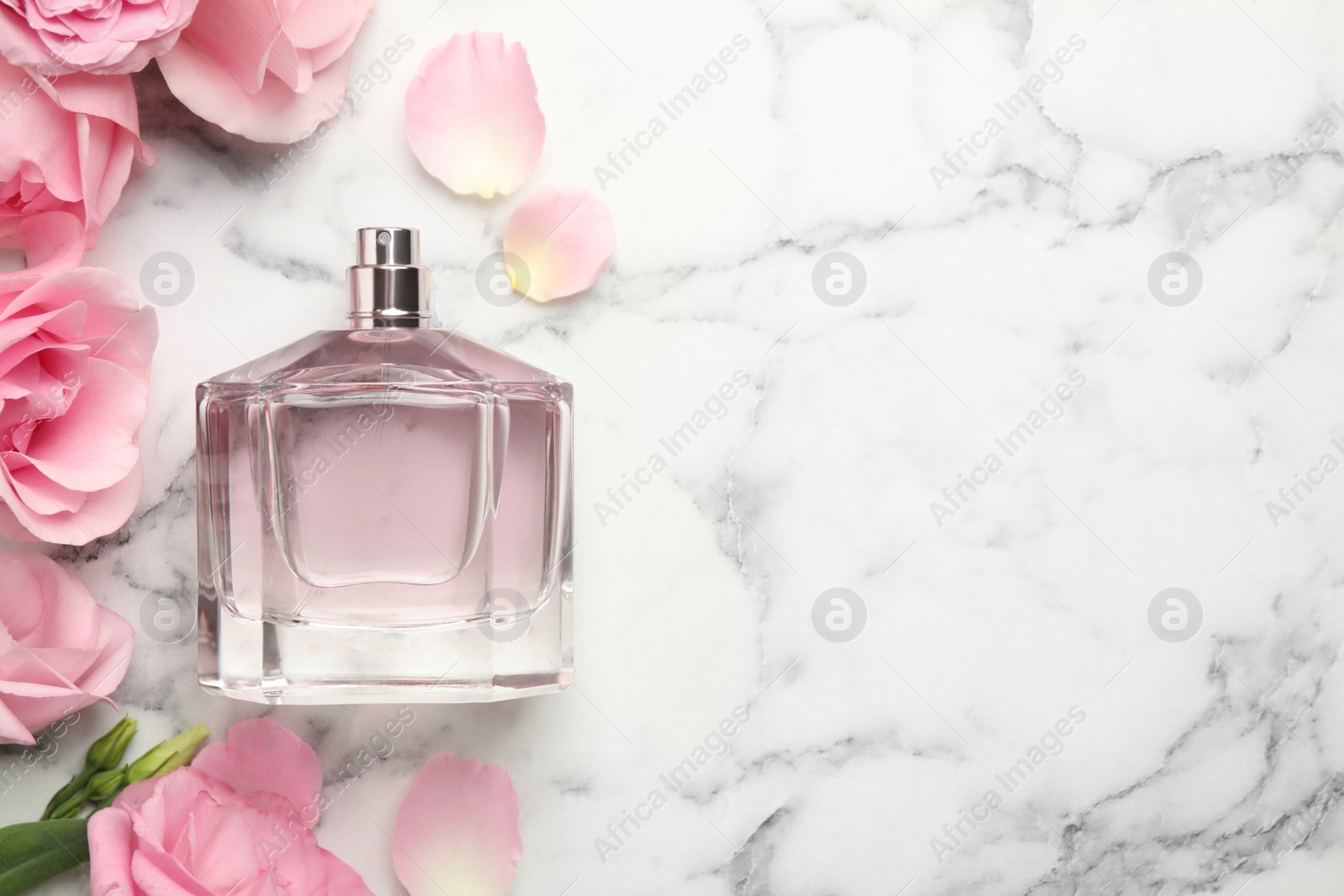 Photo of Bottle of perfume, beautiful flowers and petals on white marble table, flat lay. Space for text