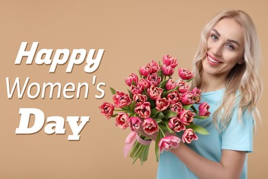 Happy Women's Day - March 8. Attractive lady with bouquet of tulips on dark beige background