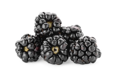 Many tasty ripe blackberries on white background