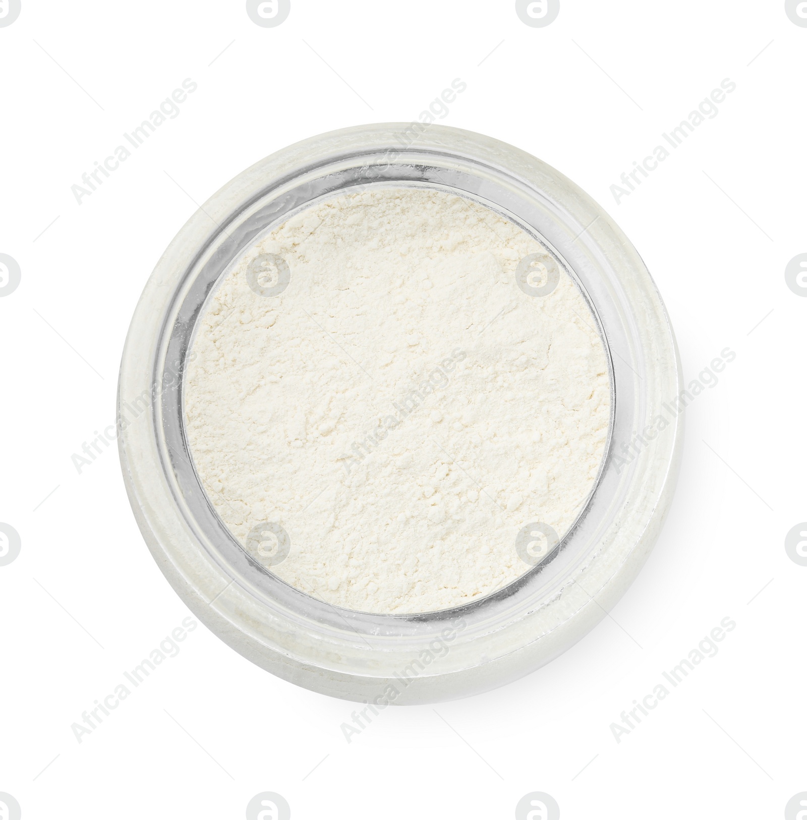 Photo of Baking powder in glass jar isolated on white, top view