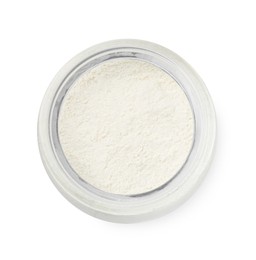 Photo of Baking powder in glass jar isolated on white, top view