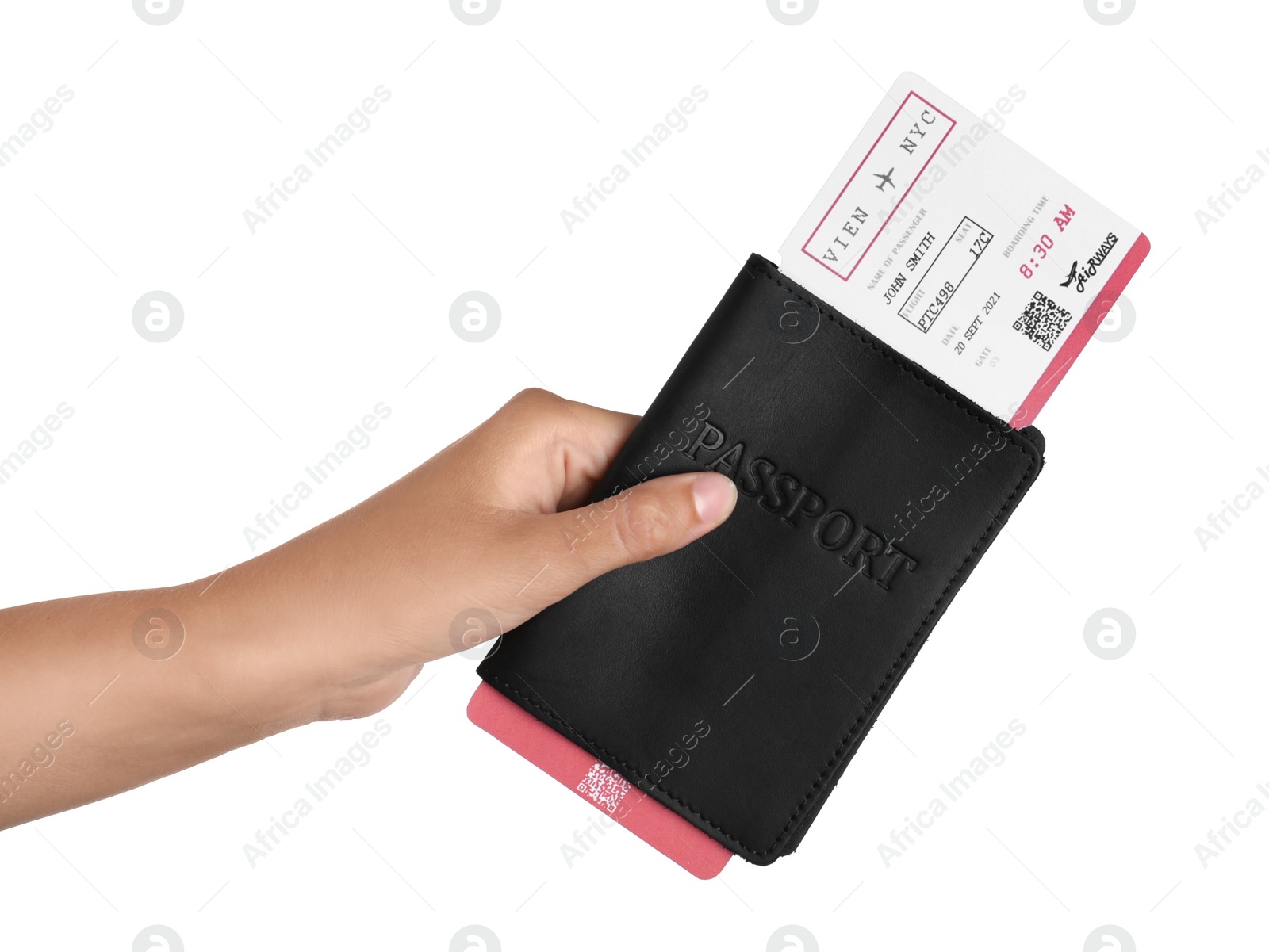 Photo of Woman holding passport and ticket on white background, closeup. Travel agency concept