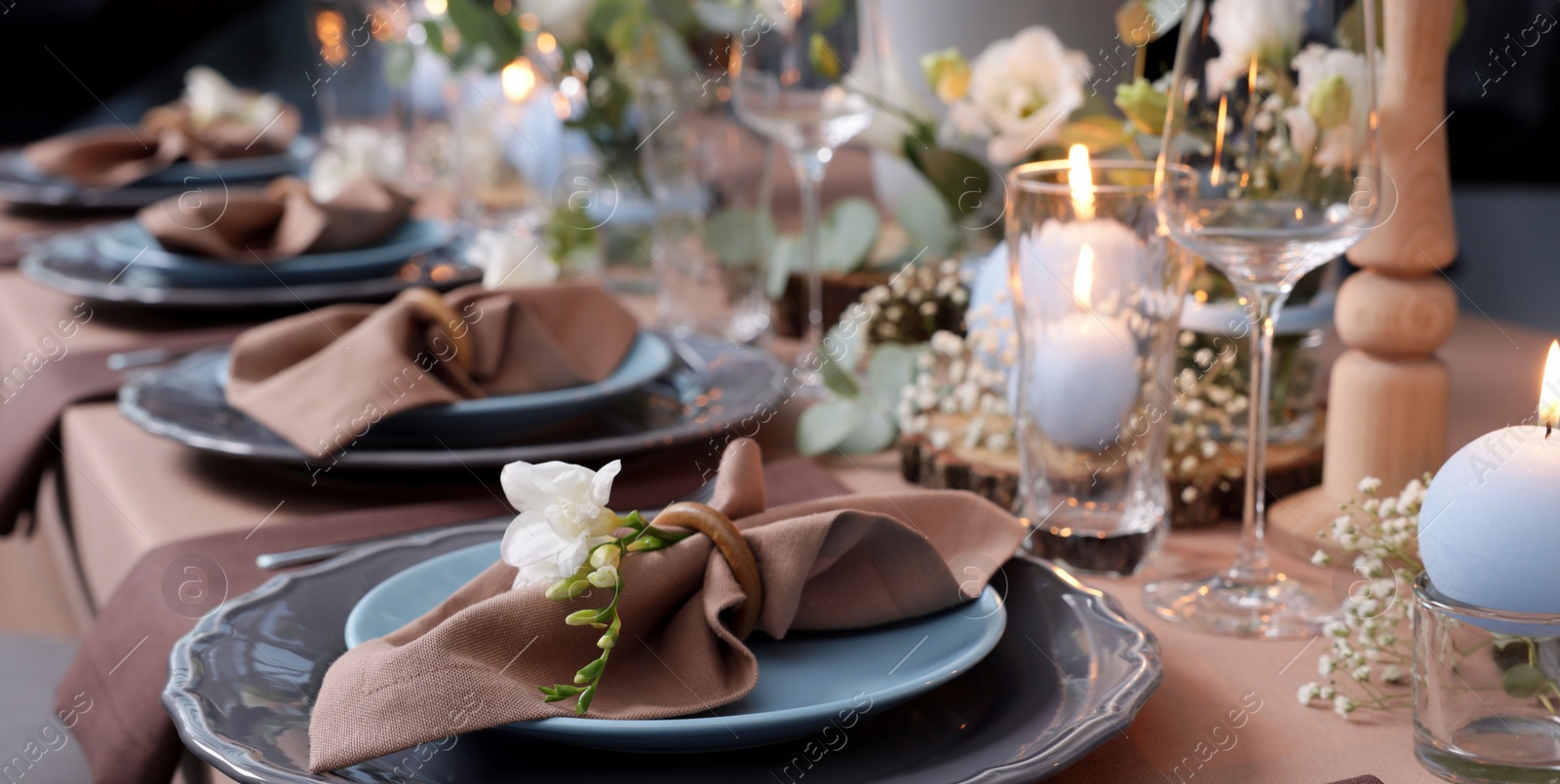 Image of Elegant table setting with beautiful floral decor. Banner design