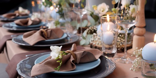 Elegant table setting with beautiful floral decor. Banner design