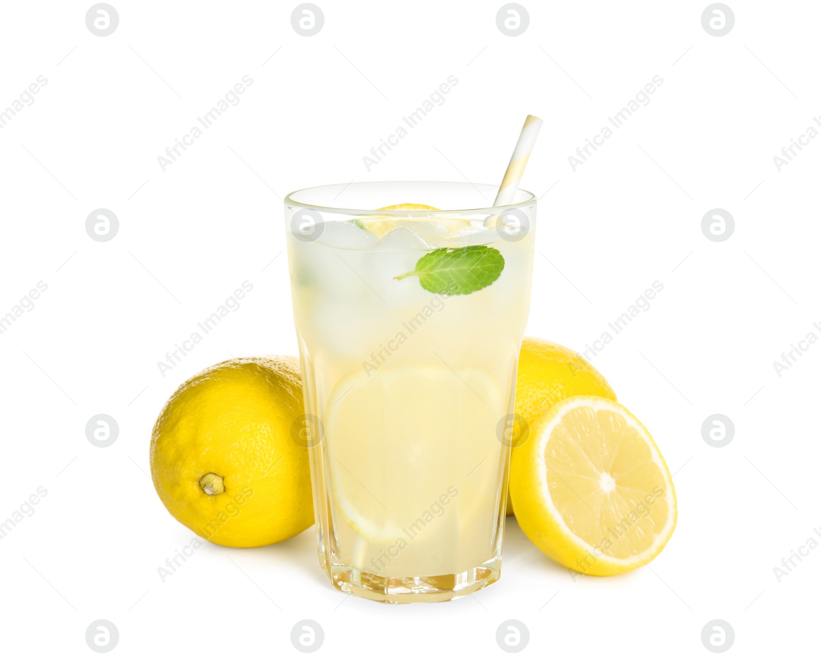 Photo of Cool freshly made lemonade and fruits on white background