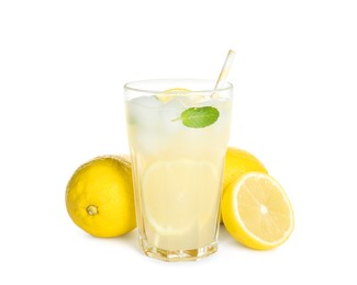 Photo of Cool freshly made lemonade and fruits on white background