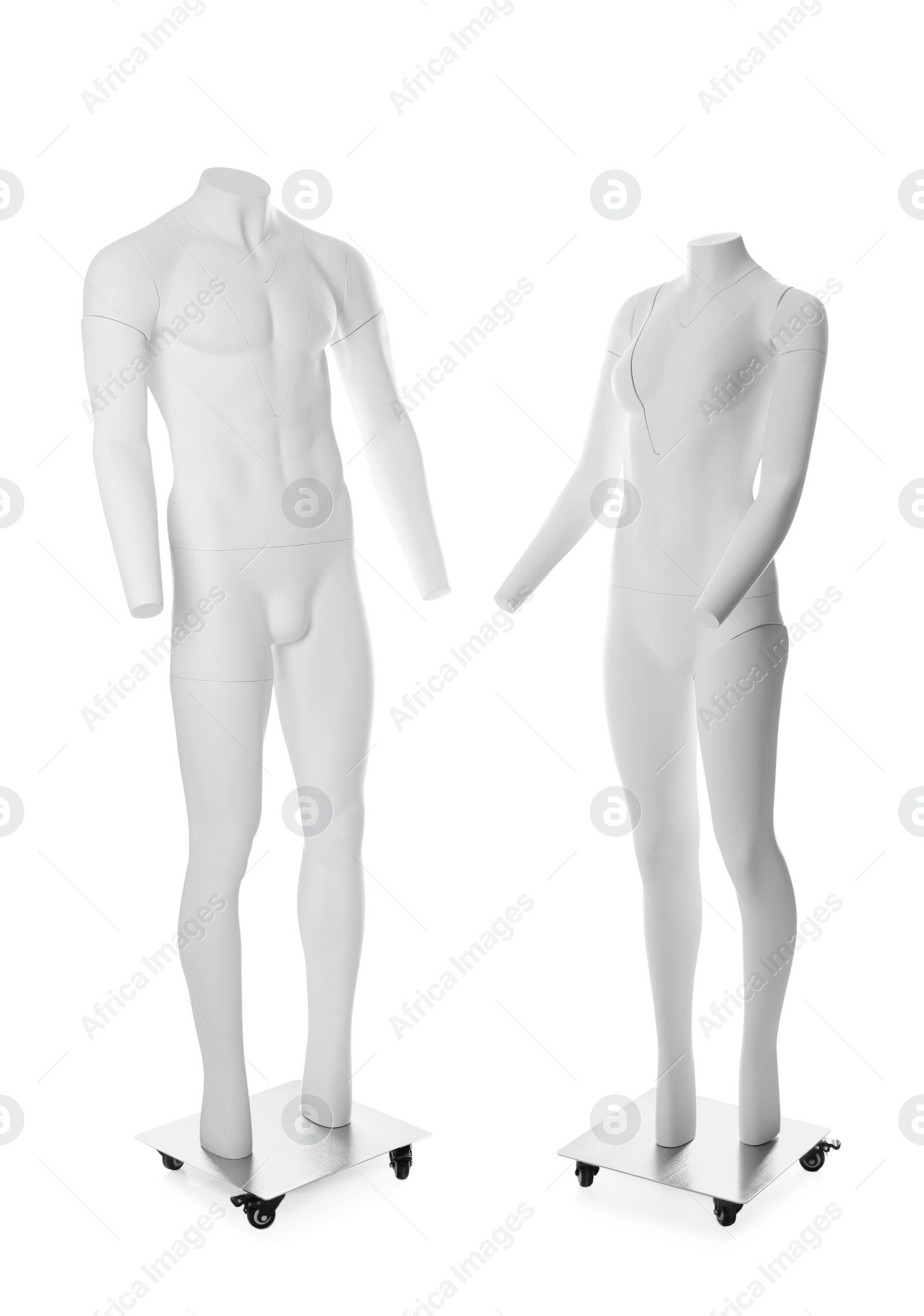 Photo of Male and female ghost headless mannequins with removable pieces isolated on white