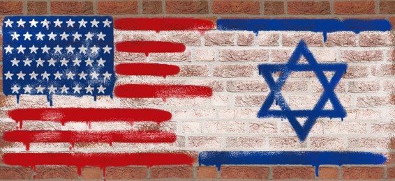 Image of International relations. National flags of Israel and USA painted on brick wall, banner design