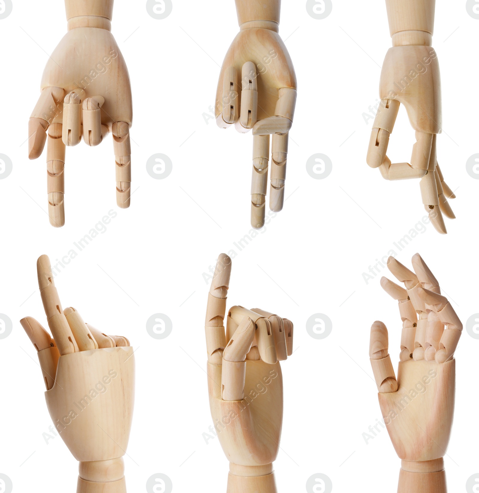 Image of Set with wooden hands of mannequins showing different gestures on white background