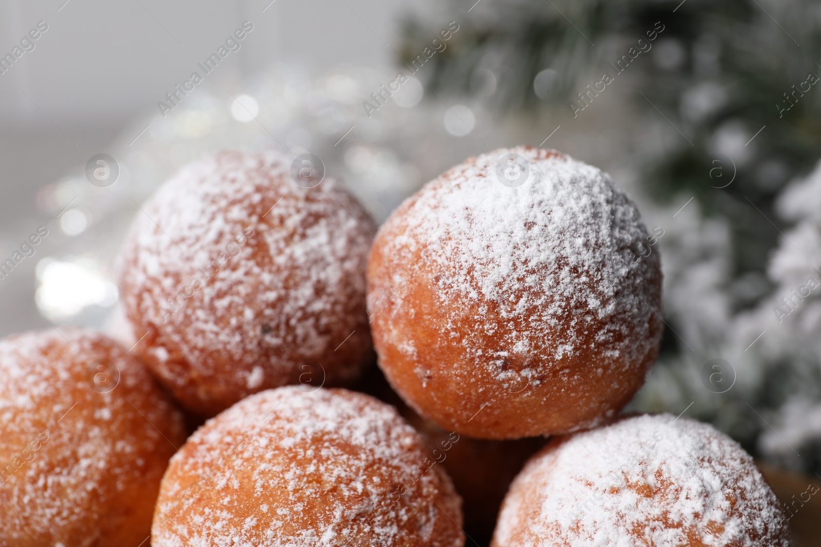 Photo of Delicious sweet buns against blurred background, closeup