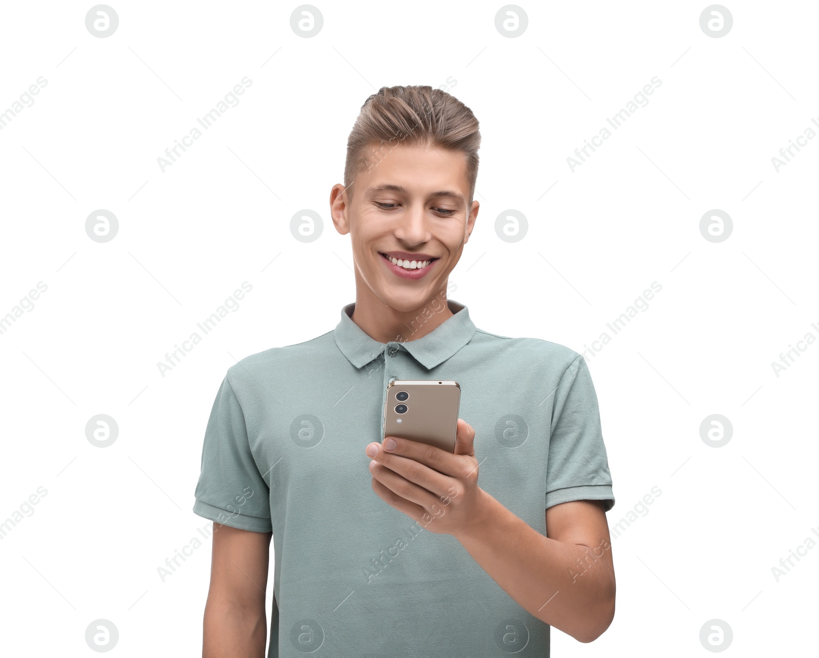 Photo of Happy young man sending message via smartphone on white background