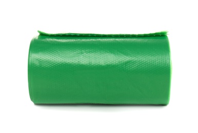 Photo of Garbage bag roll on white background. Cleaning supplies