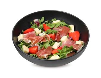 Photo of Tasty salad with brie cheese, prosciutto and strawberries isolated on white