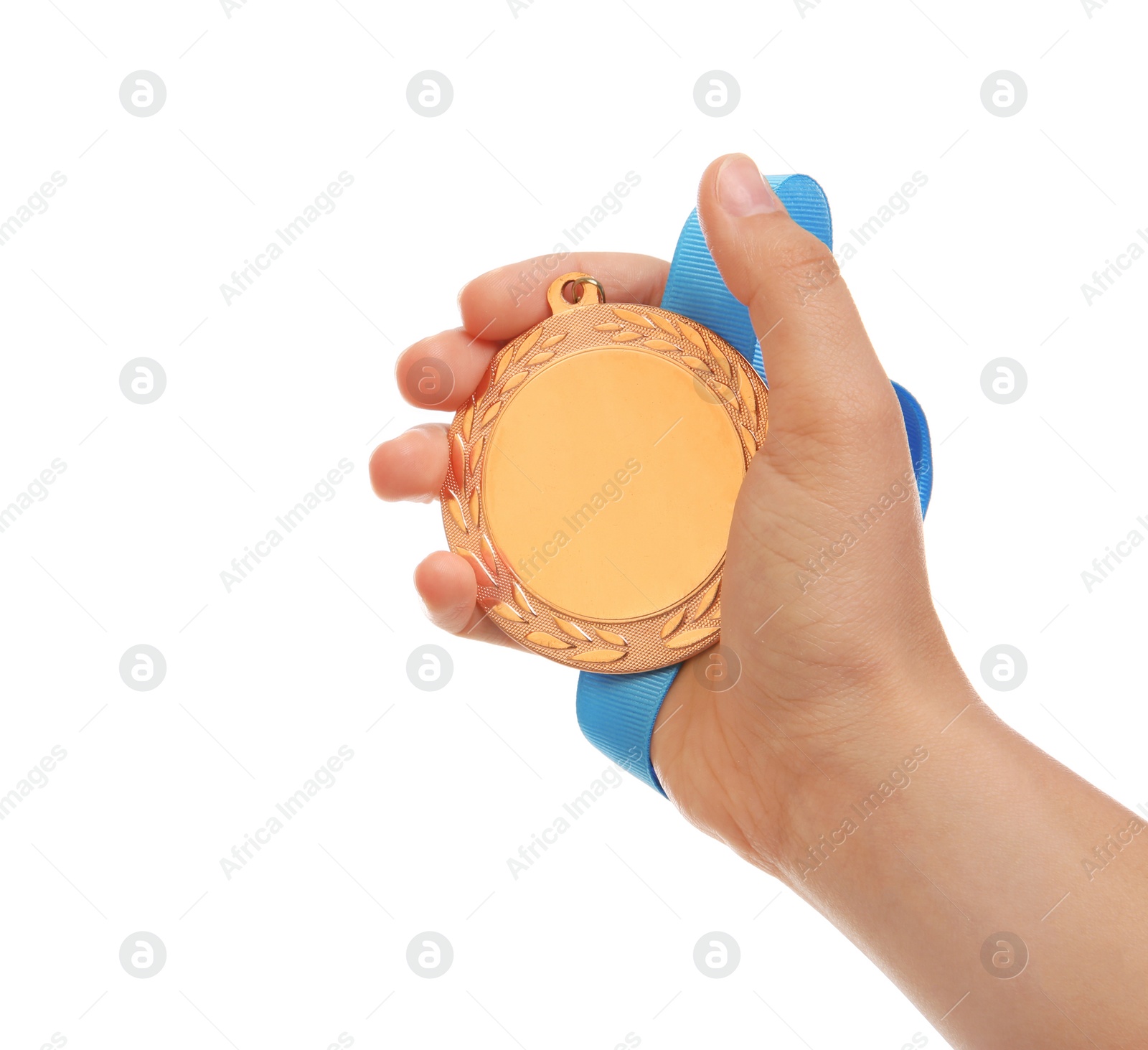 Photo of Woman holding gold medal on white background, closeup