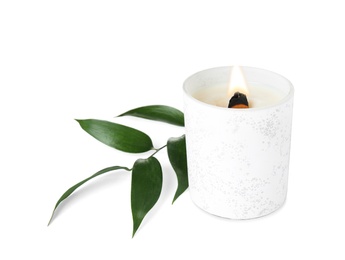 Photo of Burning candle with wooden wick and green branch on white background