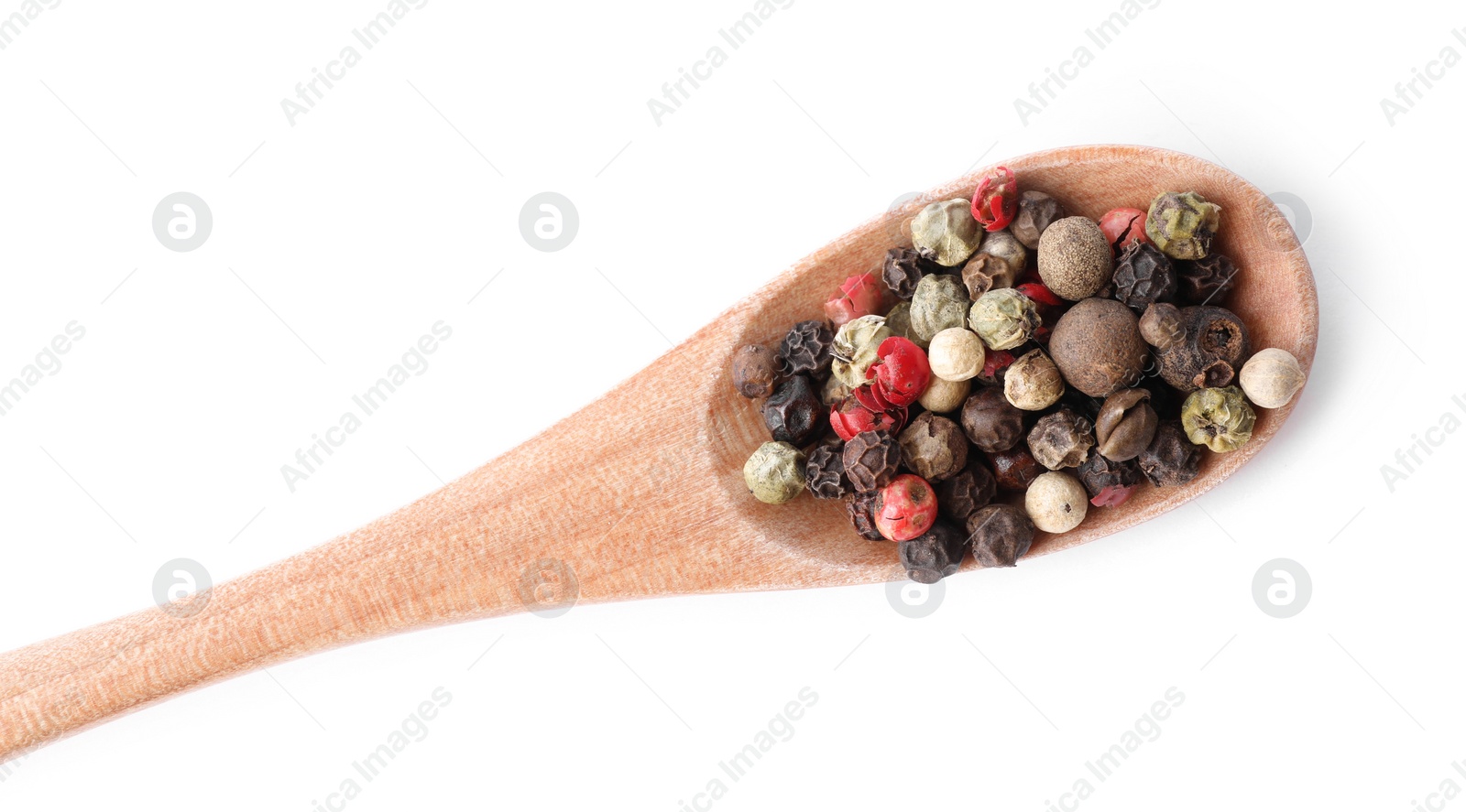 Photo of Mix of different pepper grains isolated on white, top view