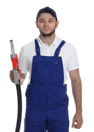 Gas station worker with fuel nozzle on white background