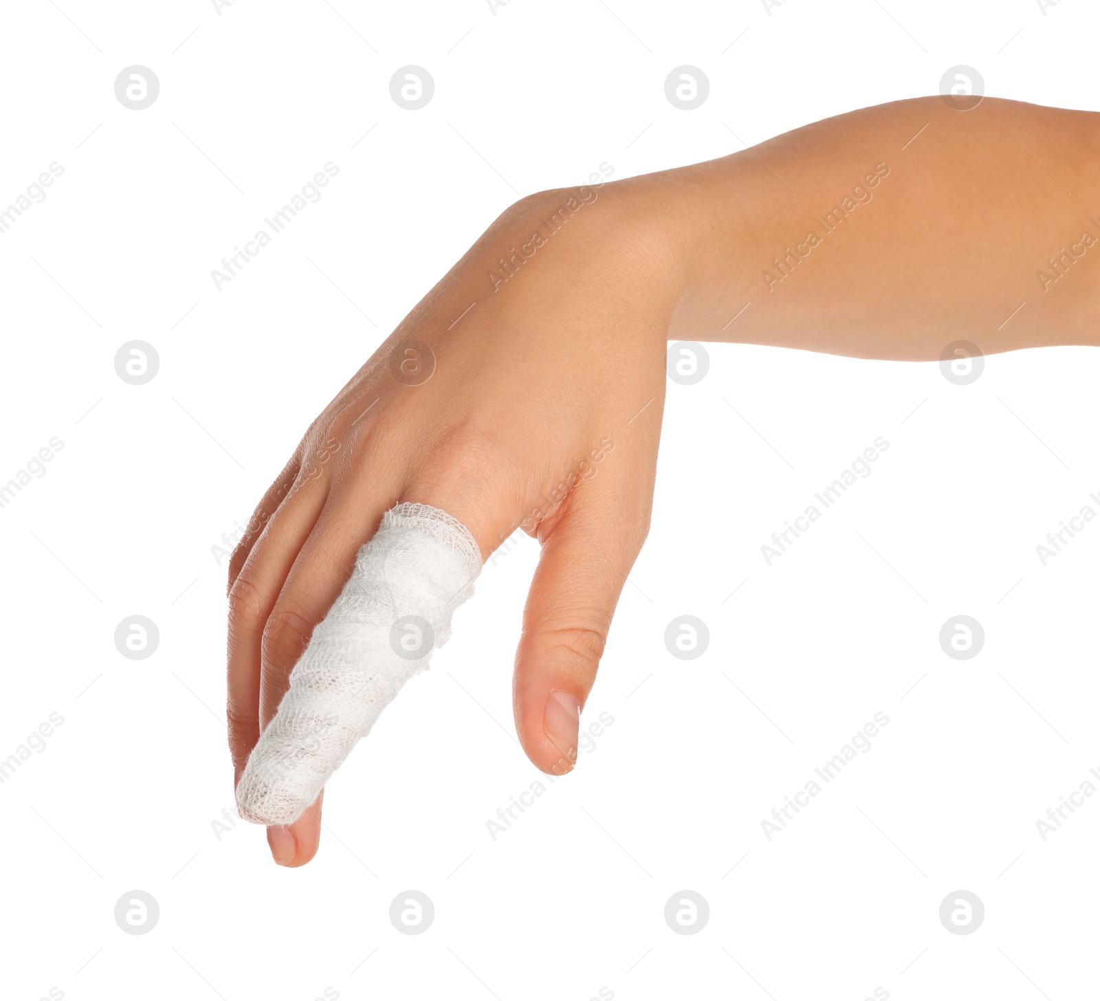 Photo of Woman with finger wrapped in medical bandage on white background, closeup