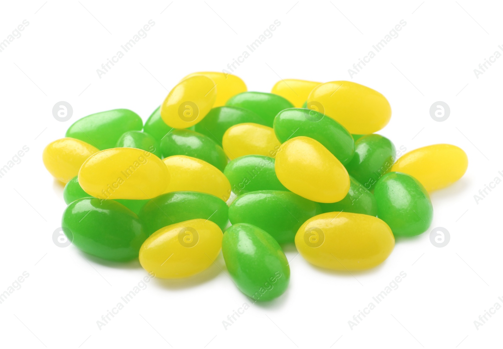 Photo of Pile of tasty bright jelly beans isolated on white