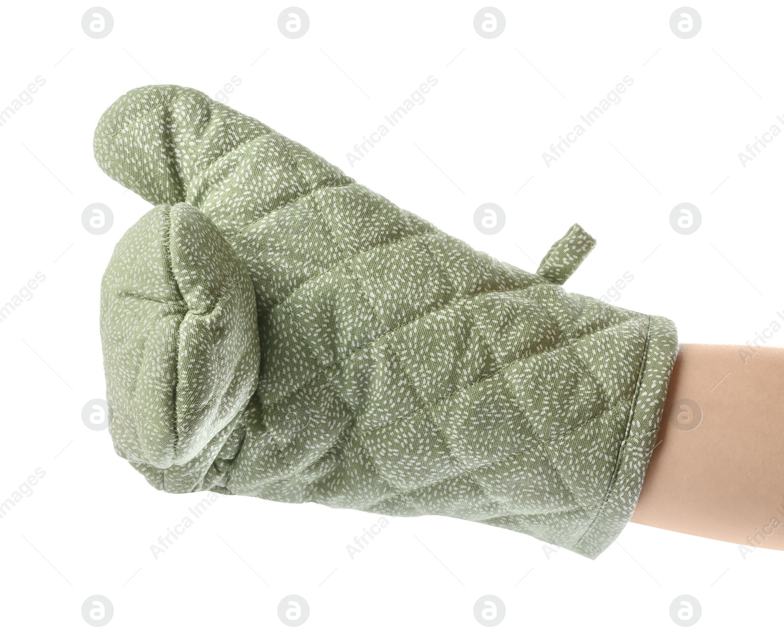 Photo of Chef in oven glove on white background, closeup