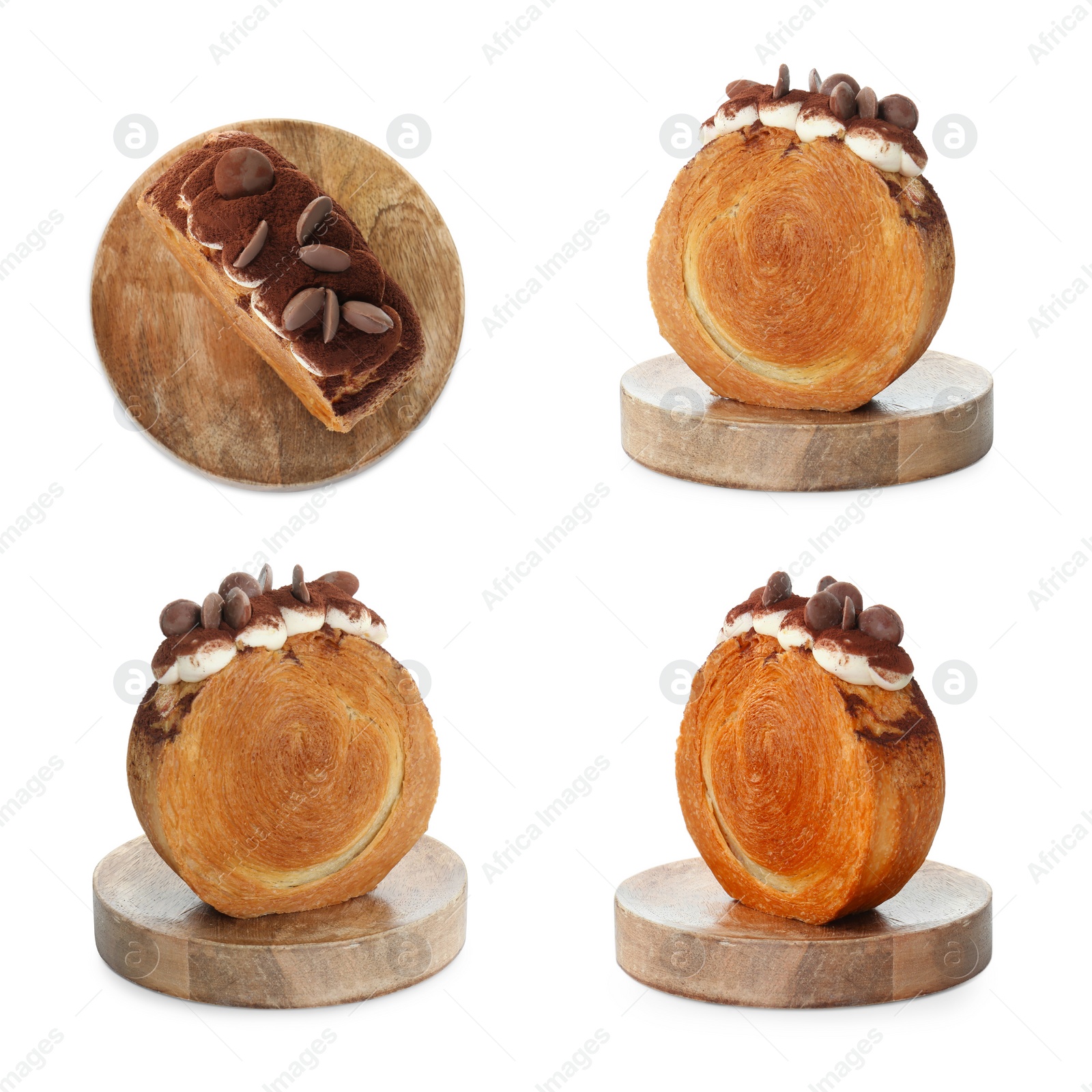 Image of Collection of round croissant isolated on white, top and side views. Puff pastry